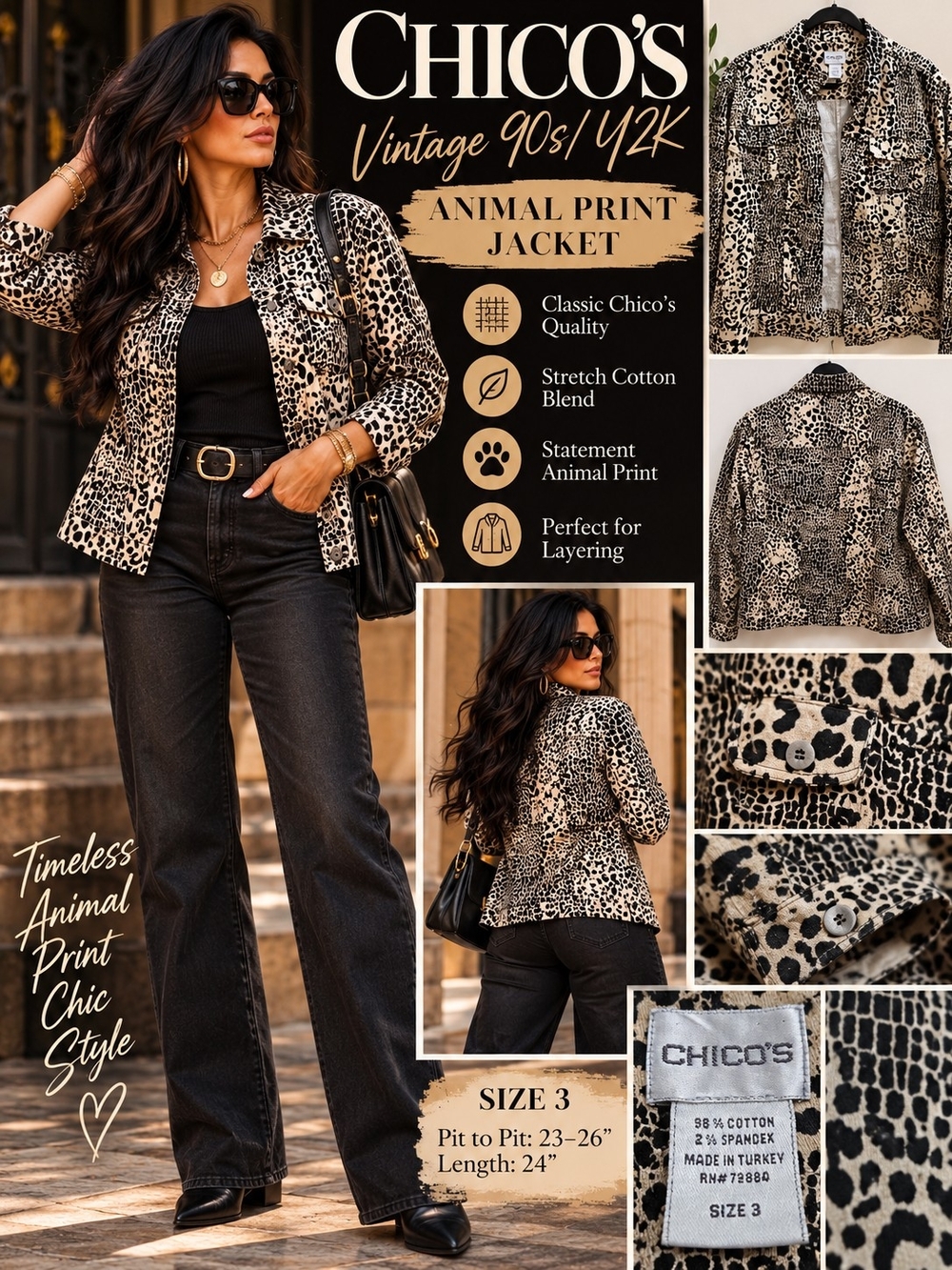 Vintage 90s Y2K Chico’s Animal Print Stretch Jacket Chicos Sz 3 = XL